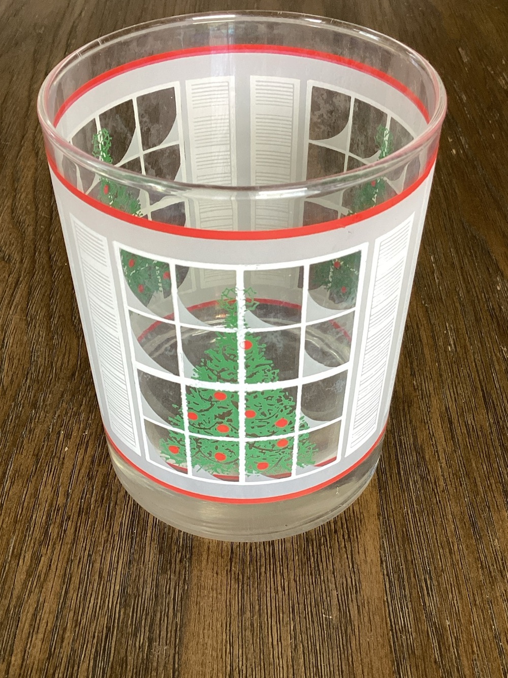 Vintage Festive Green & Red Christmas Tree In Window Lowball Glass
